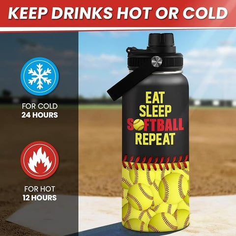 Sandjest softball gift bottle 32oz leakproof lid for secure carry.