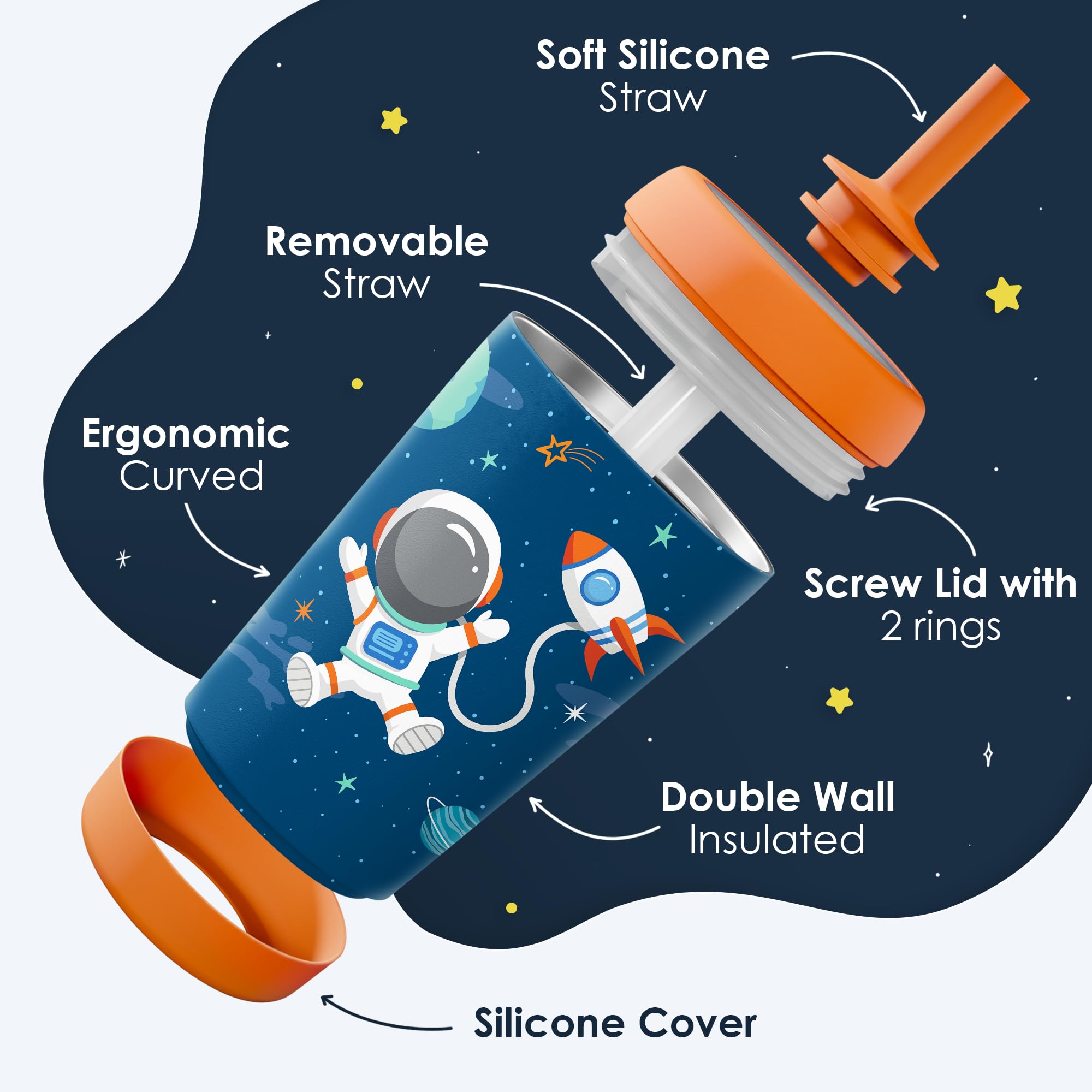 SANDJEST astronaut-pattern cup offers kid-friendly design for independent sipping.