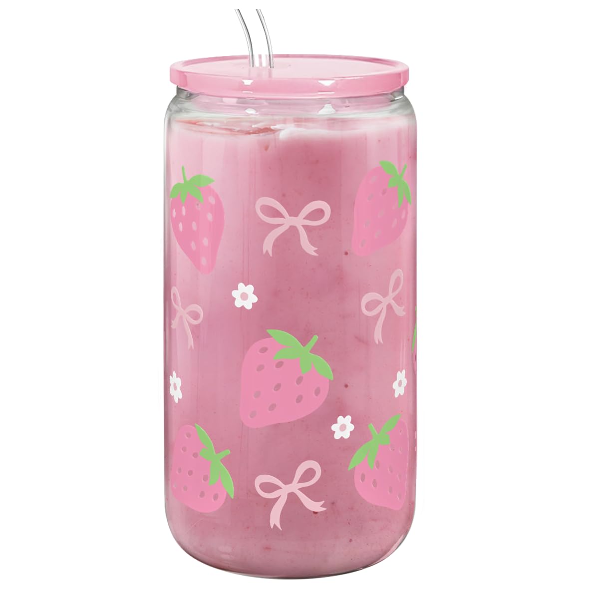 SANDJEST Strawberry 16oz glass tumbler with acrylic lid and straw for on-the-go sipping