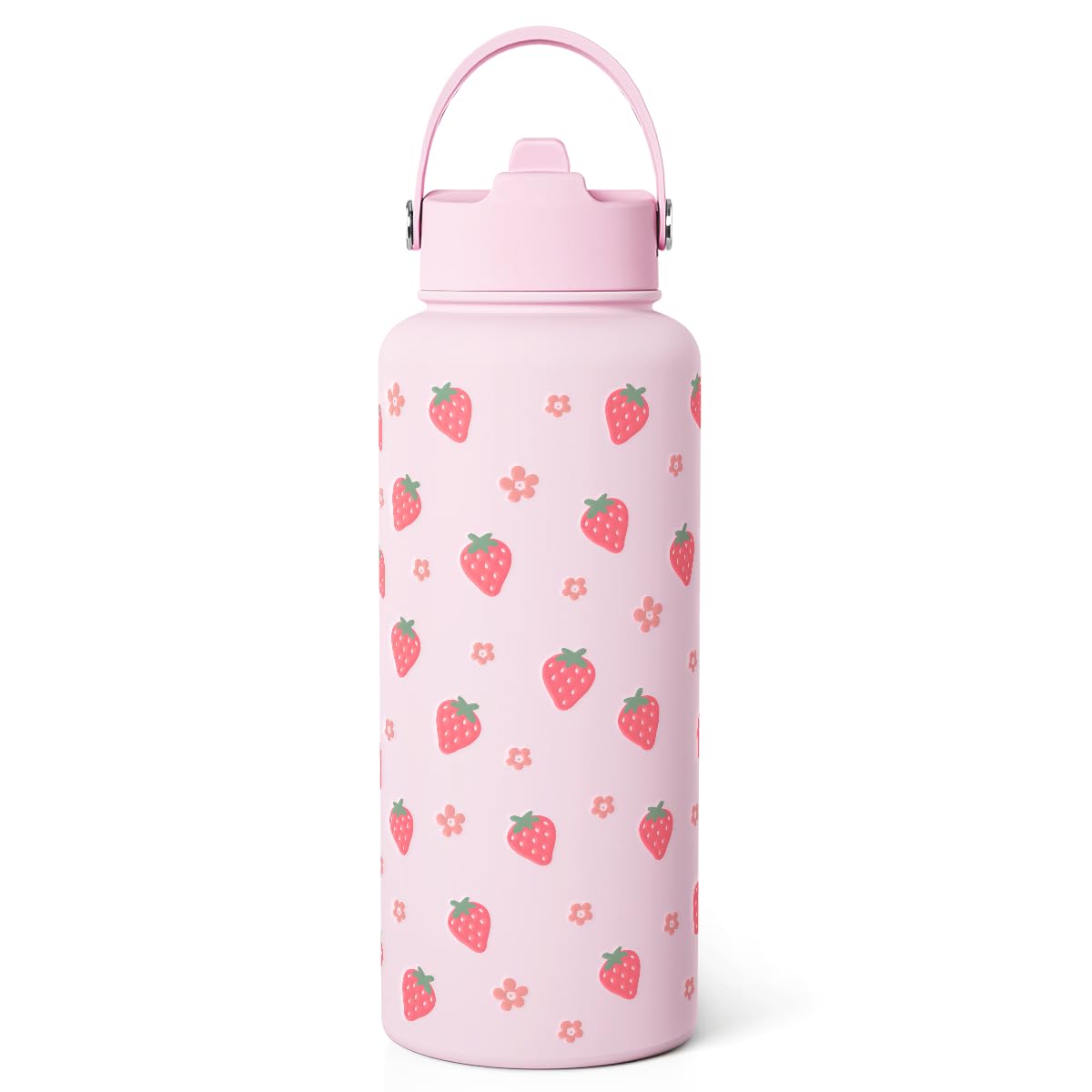 SANDJEST strawberry 32oz bottle—front view for on-the-go hydration.