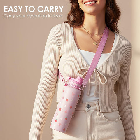 SandJEST Strawberry bottle demonstrates durable stainless steel for outdoor use