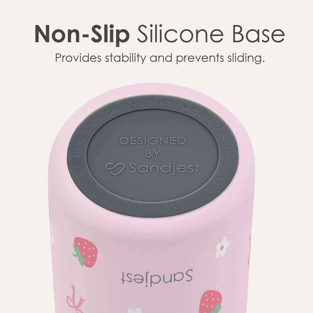 Sandjest Strawberry Bow bottle durable stainless steel with double-wall insulation for temperature retention.
