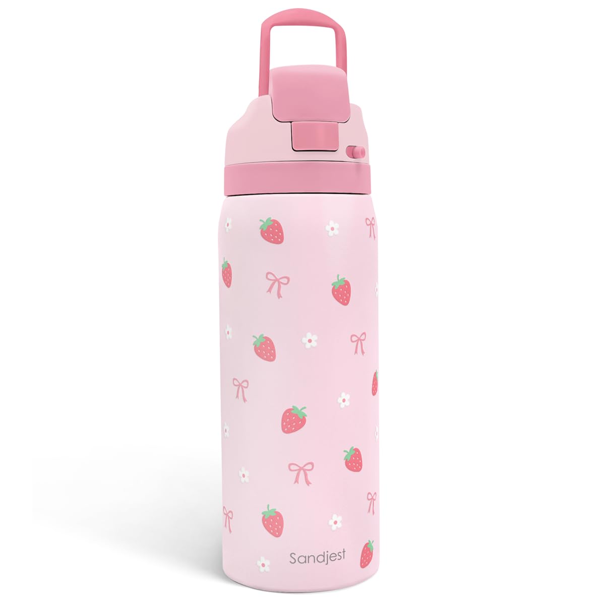 Sandjest Strawberry Bow bottle front view, durable stainless steel for daily hydration.