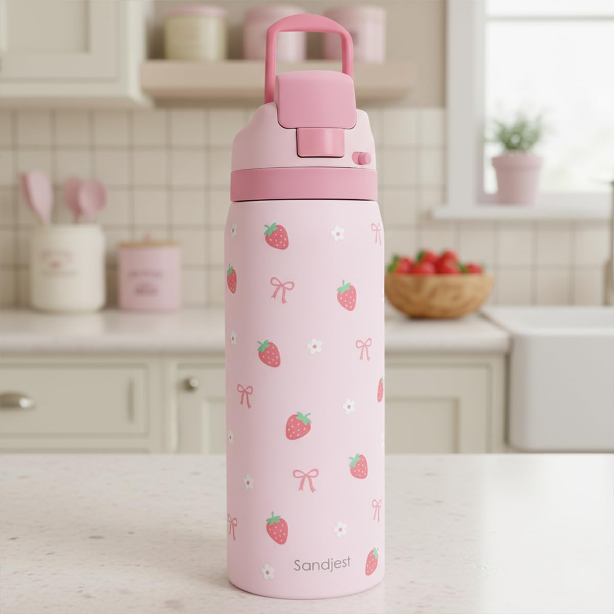 Sandjest Strawberry Bow bottle gift-ready packaging.