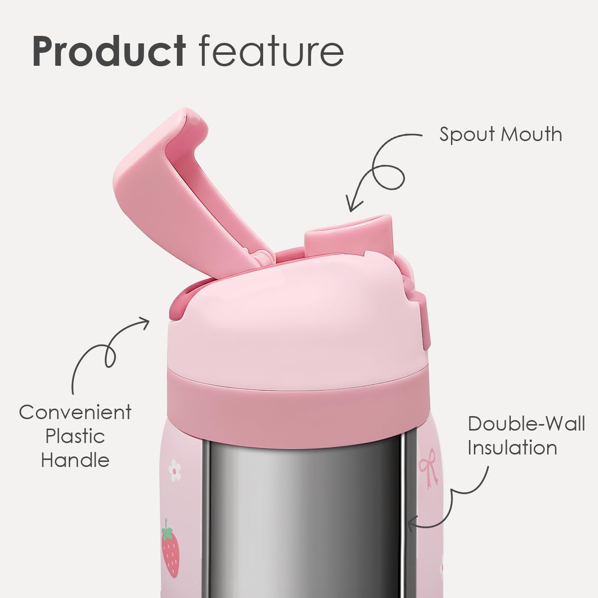 Sandjest Strawberry Bow bottle lid push-button enables quick, spill-free sips.