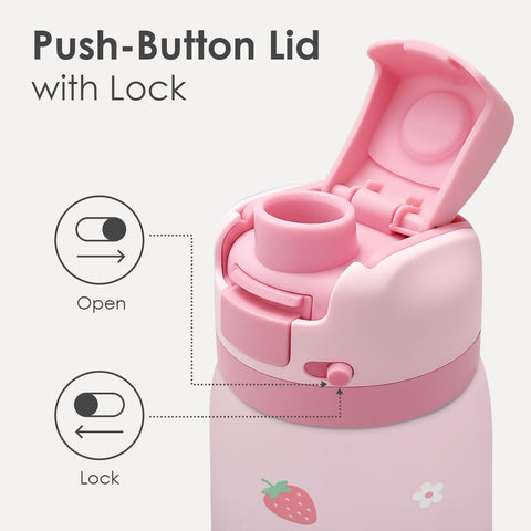 Sandjest Strawberry Bow bottle with straw in use supports on-the-go hydration.