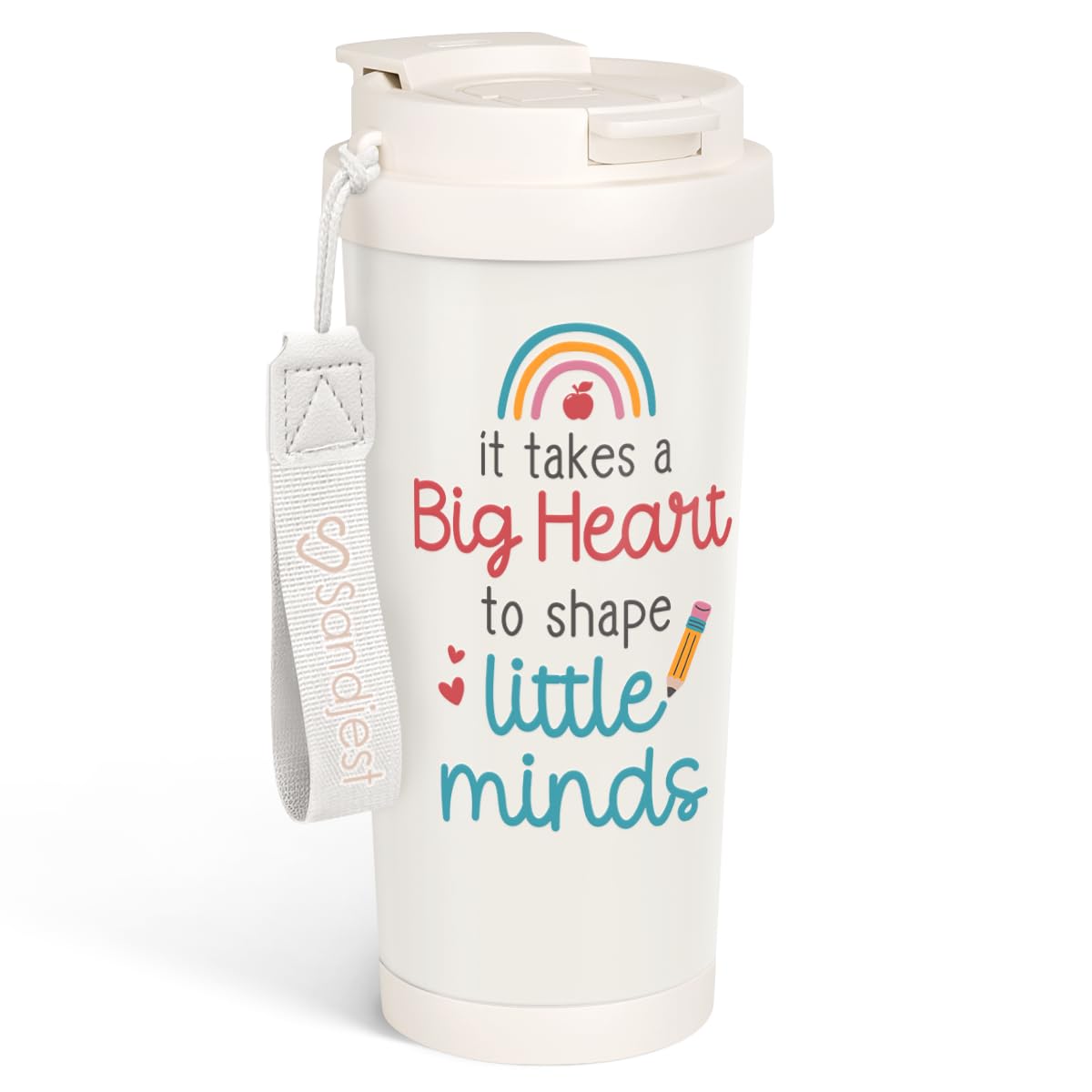 SANDJEST Teacher Tumbler 18oz stainless steel keeps beverages hot or cold.