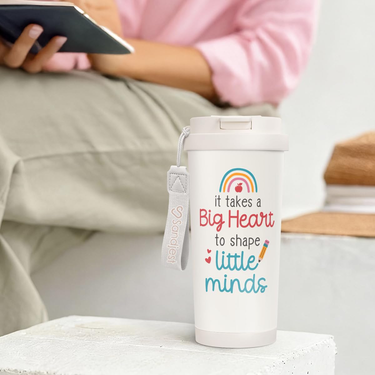 SANDJEST Teacher Tumbler features durable stainless steel construction.