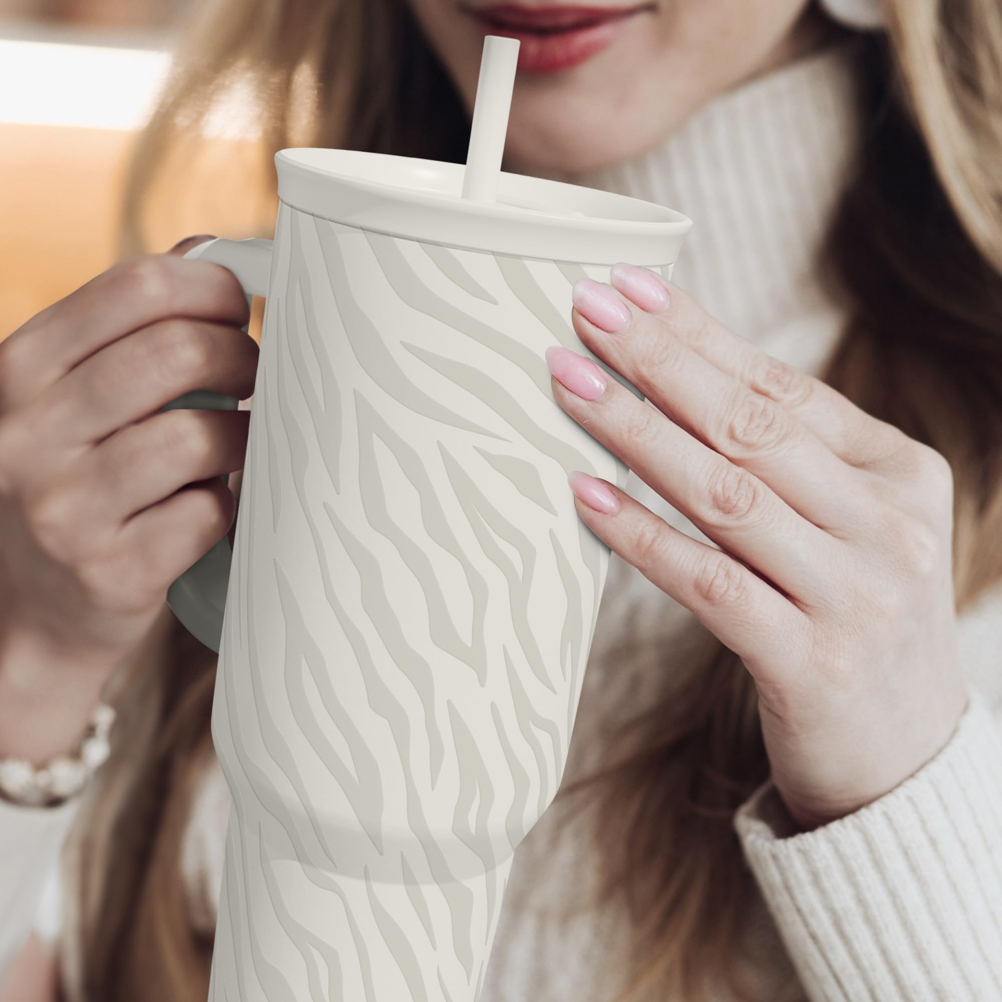 SANDJEST Zebra Skin 40oz slider tumbler for workday use stays reliable at the desk.