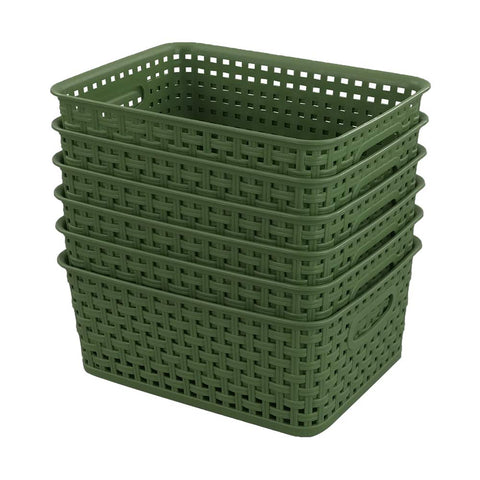 Sandmovie plastic weave basket for kitchen green, six-pack, ideal for pantry organization.