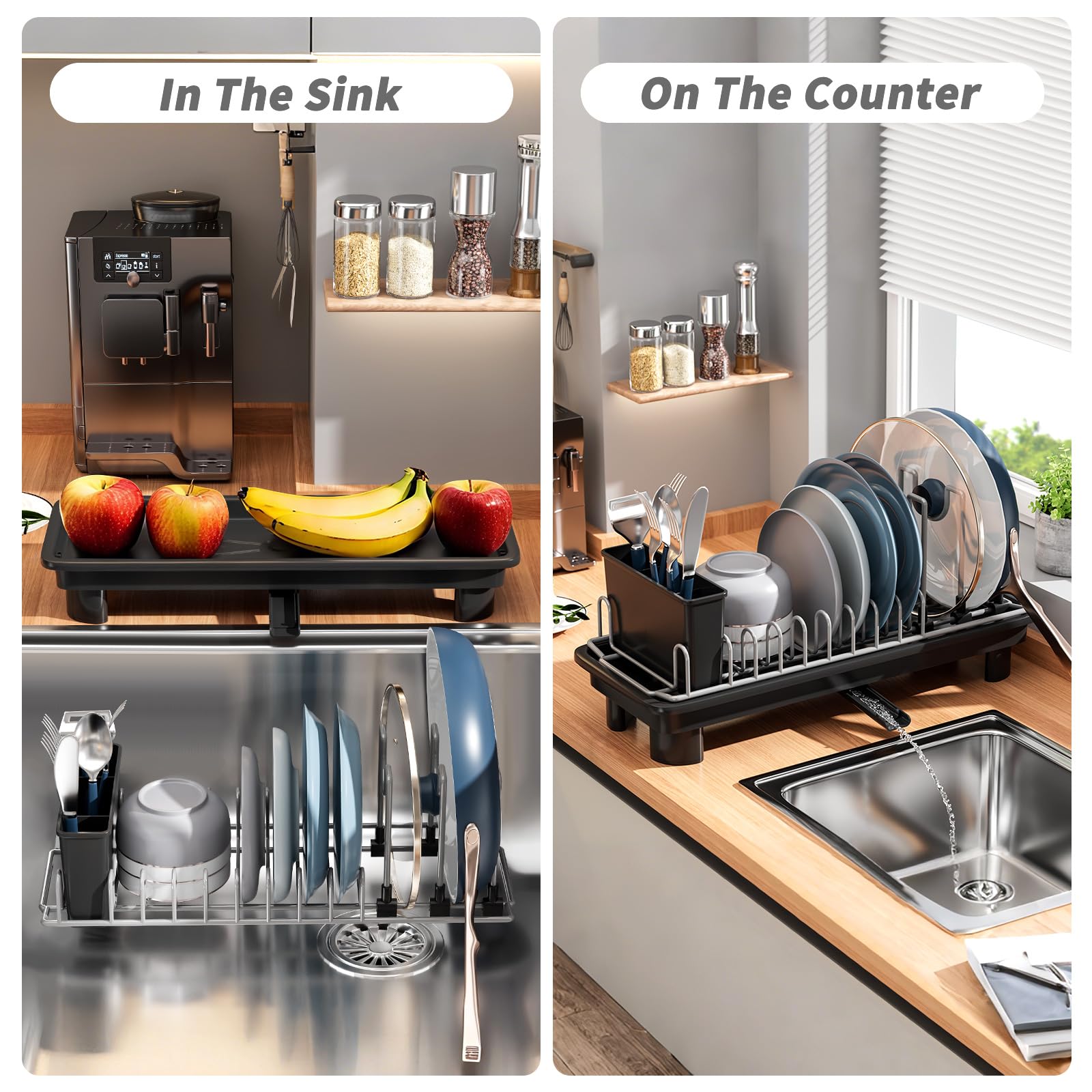 SanDream compact dish rack on a small counter saves space while drying plates