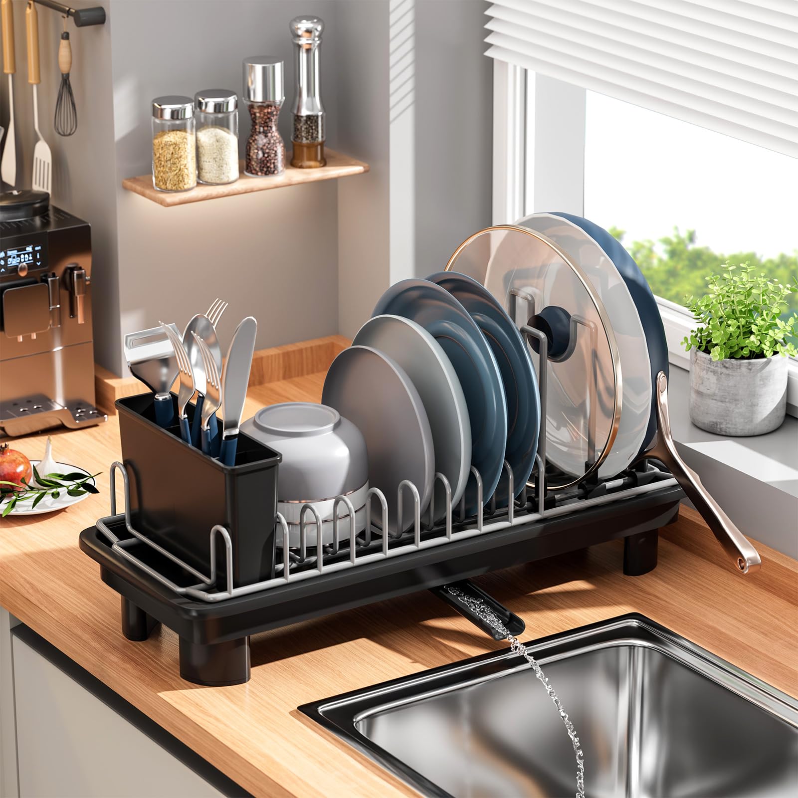 SanDream small dish drying rack with drainage spout directing water into the sink for easy cleanup