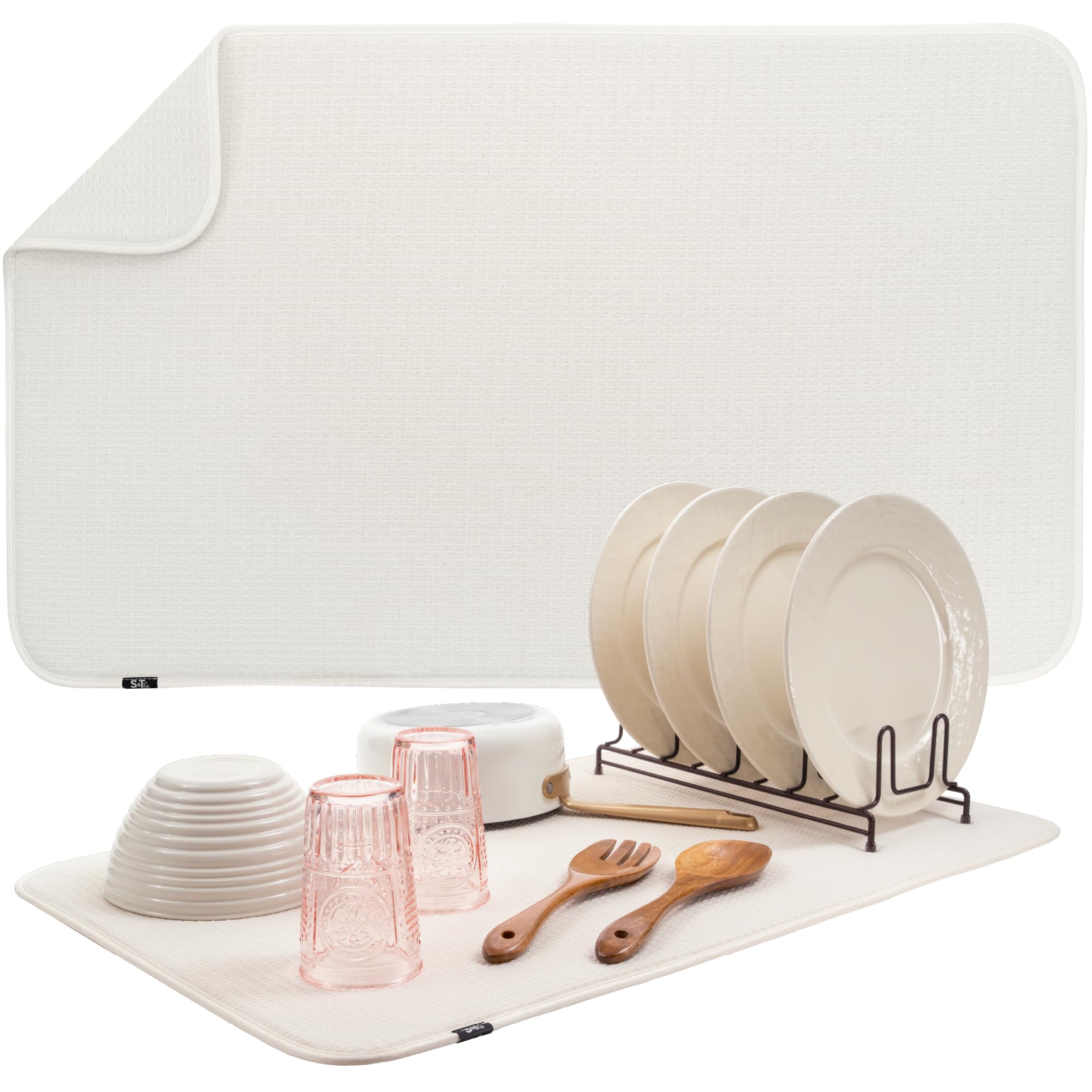 S&T INC. jumbo dish drying mat in cream shown under a rack absorbing water efficiently