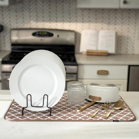 S&T INC. Mat catches sink drips under a drying rack for organized counters.
