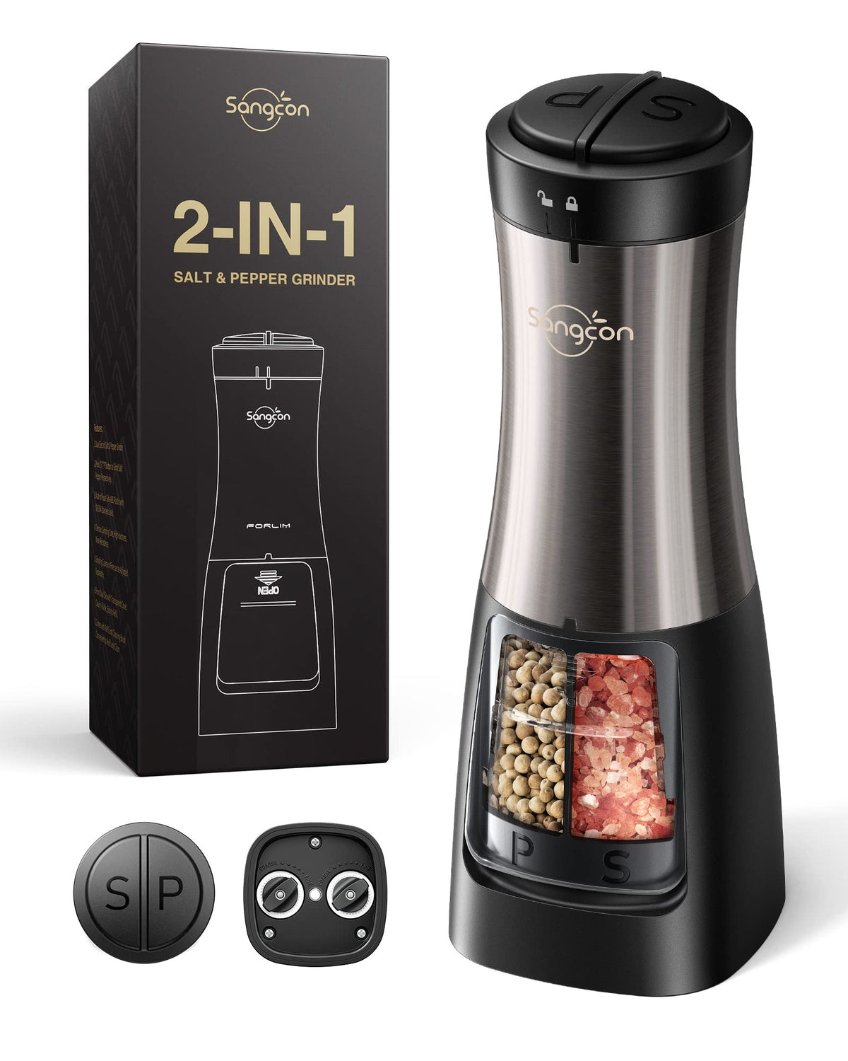 Sangcon 2-in-1 salt and pepper grinder set in use for convenient seasoning.