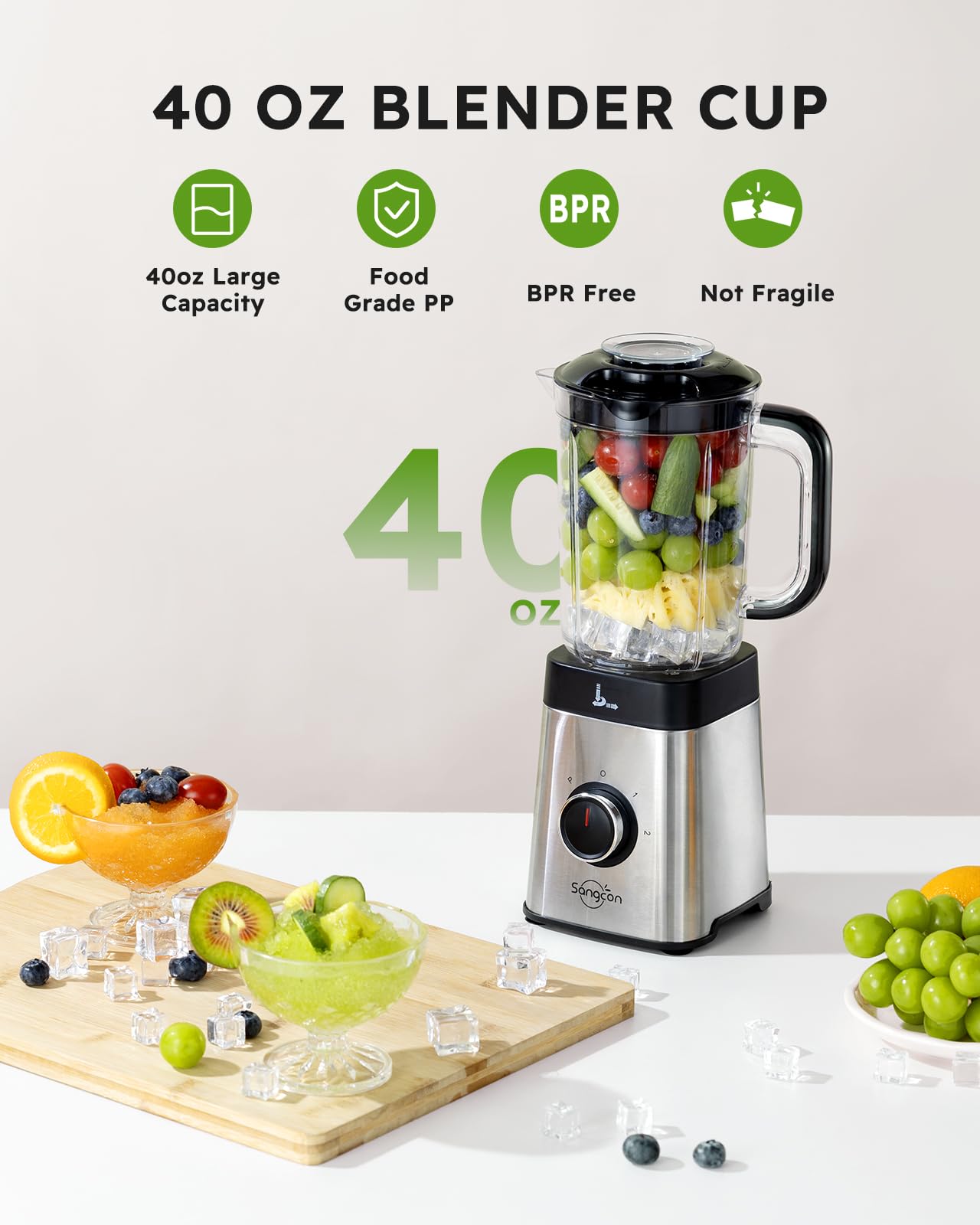 Sangcon 5-in-1 blender 40 oz cup for large batches of smoothies.