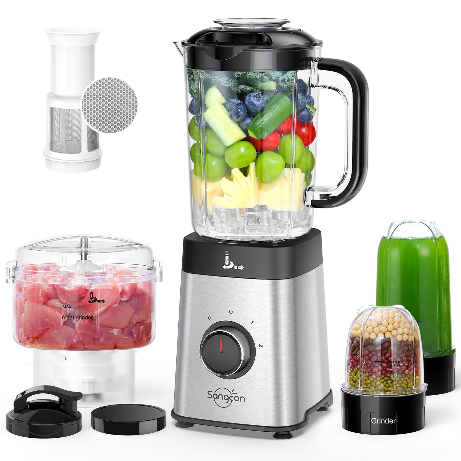 Sangcon 5-in-1 blender base in stainless steel, durable and stylish for daily use.
