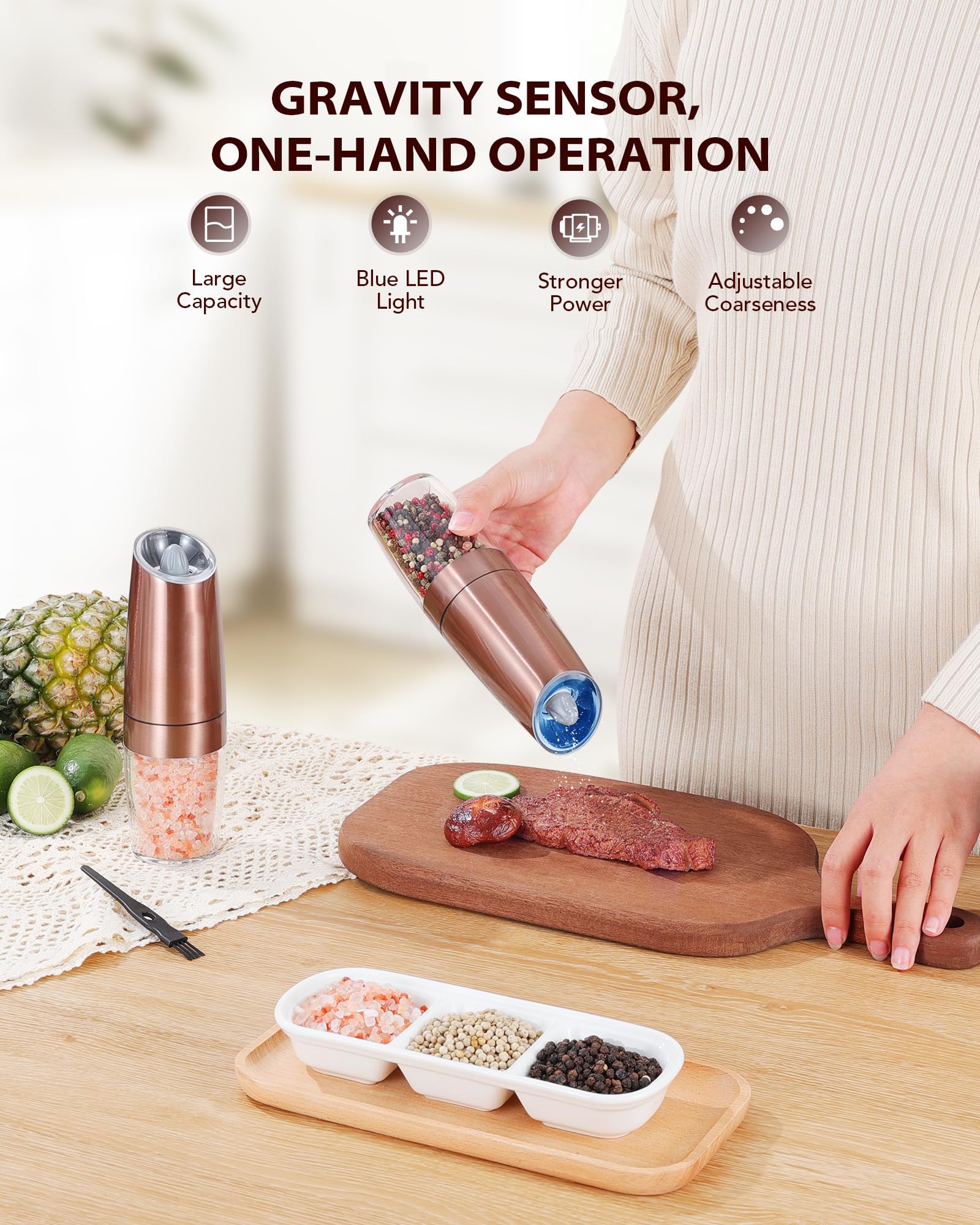 Sangcon gravity-sensing salt grinder with wide refill opening for easy topping.
