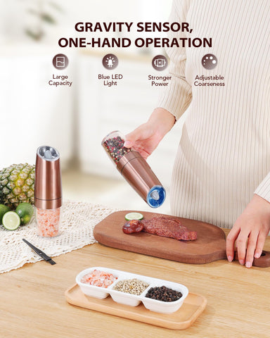 Sangcon gravity-sensing salt grinder with wide refill opening for easy topping.