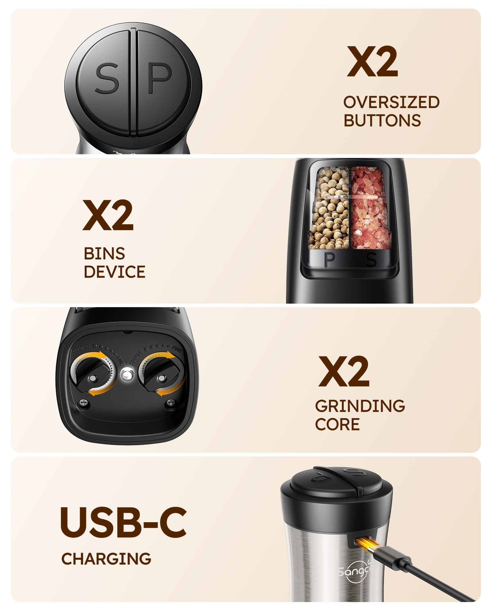 Sangcon 75 ml dual bins store salt and pepper separately.