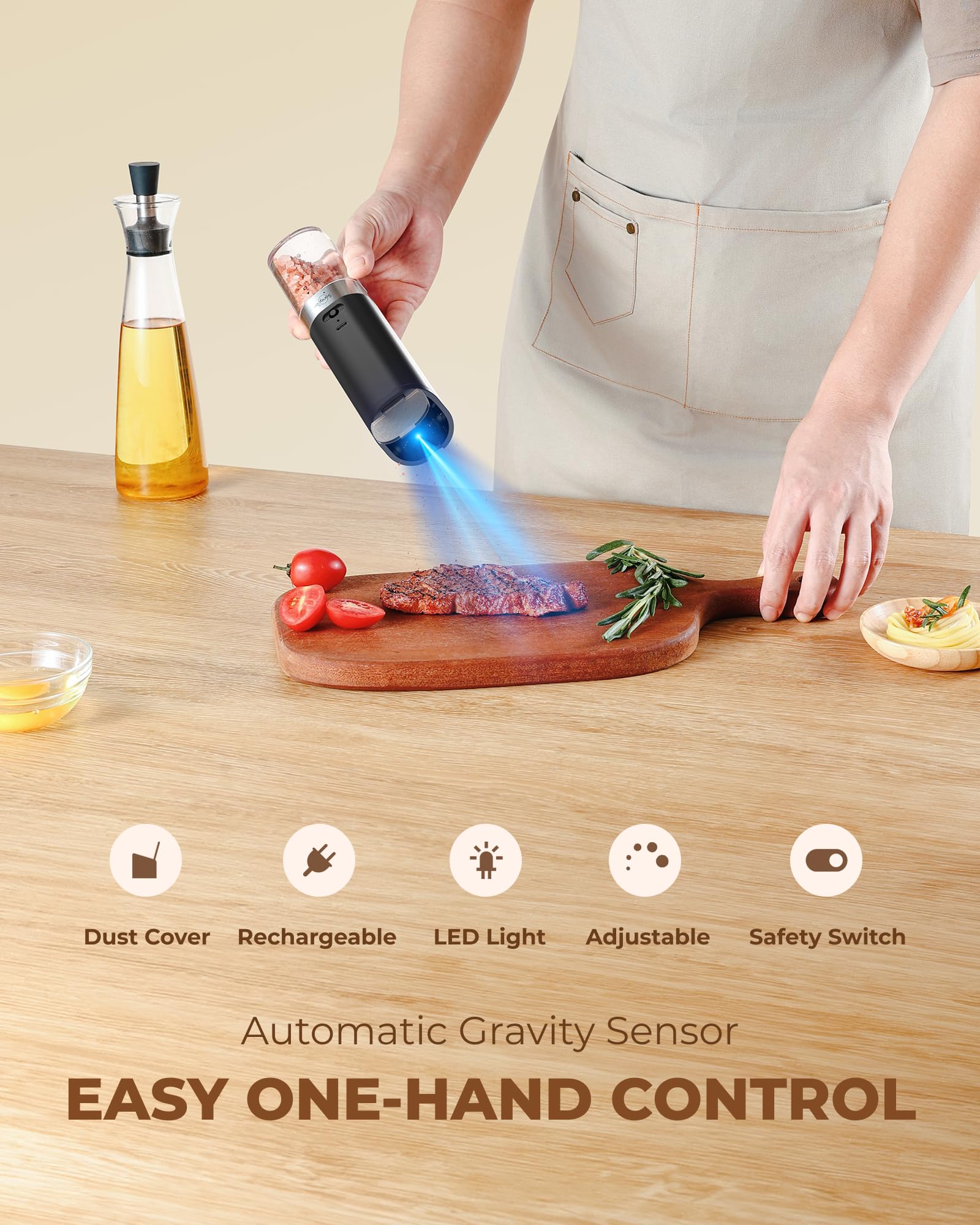 Sangcon gravity grinder lid blocks dust and preserves spice freshness