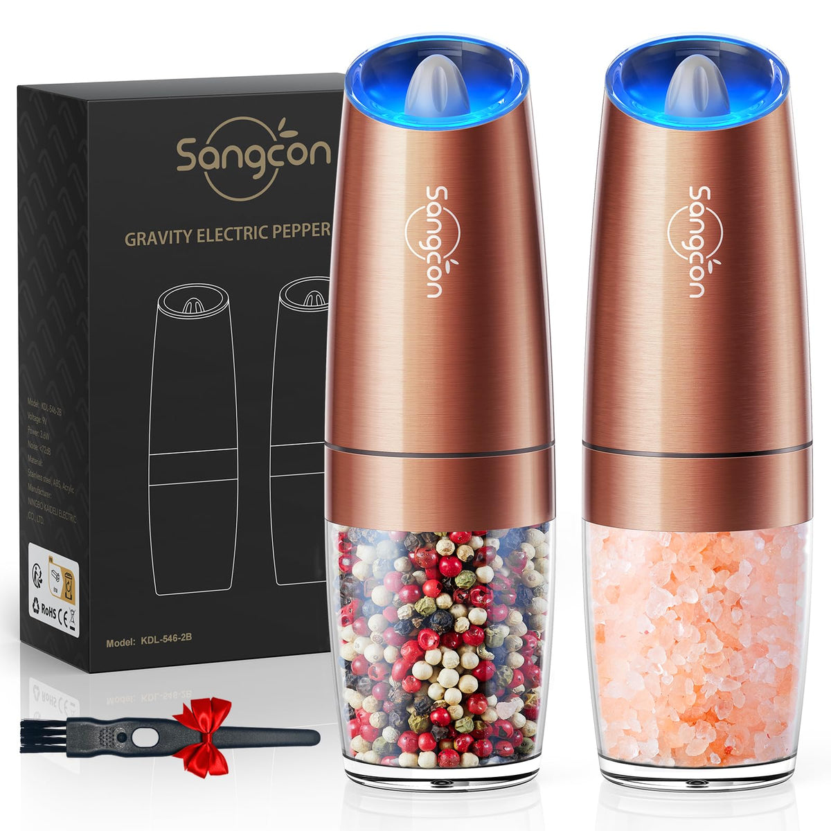 Sangcon gravity electric grinder set with clear acrylic bottles for easy refill.
