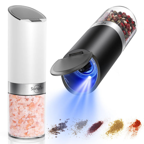 Sangcon gravity electric grinder set with dust cover for clean tabletop seasoning.