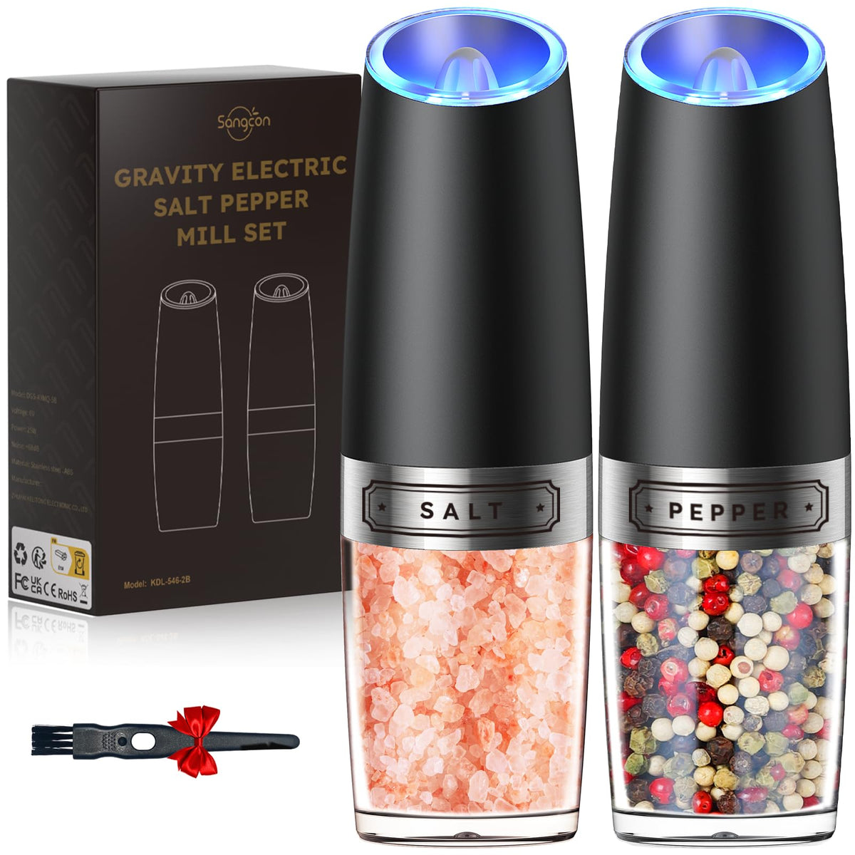 Sangcon gravity electric grinder set full view with clear bottle for easy refills.