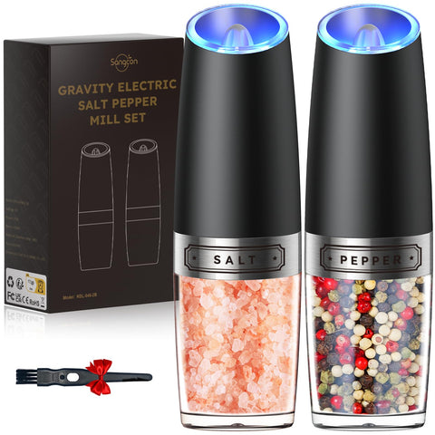 Sangcon gravity electric grinder set full view with clear bottle for easy refills.