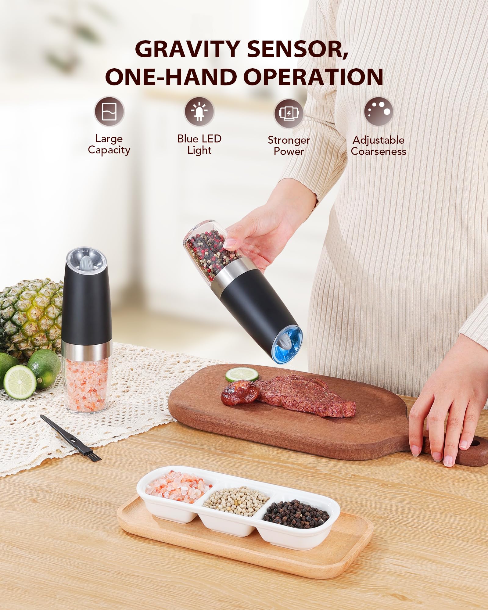 Sangcon gravity grinder in action shows convenient one-handed operation.