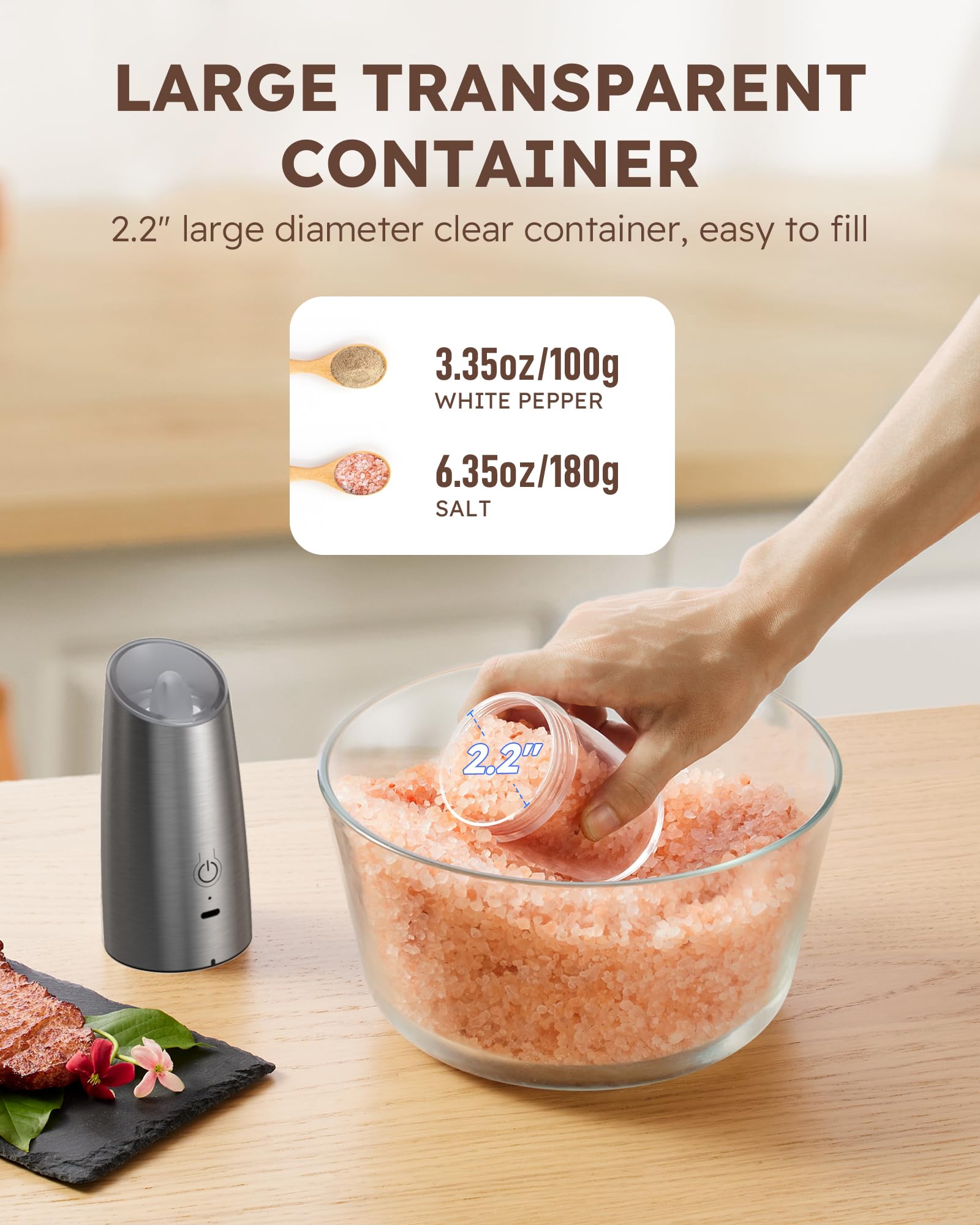 Sangcon gravity grinder clear acrylic container showing spice visibility.