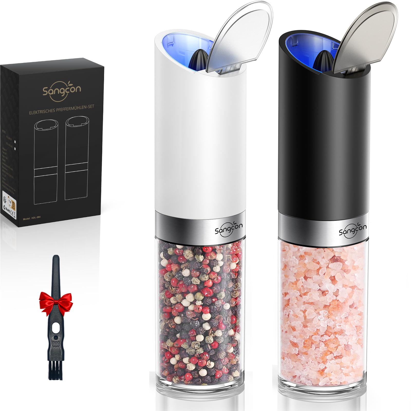 Sangcon gravity grinder with clear bin for quick spice selection during cooking