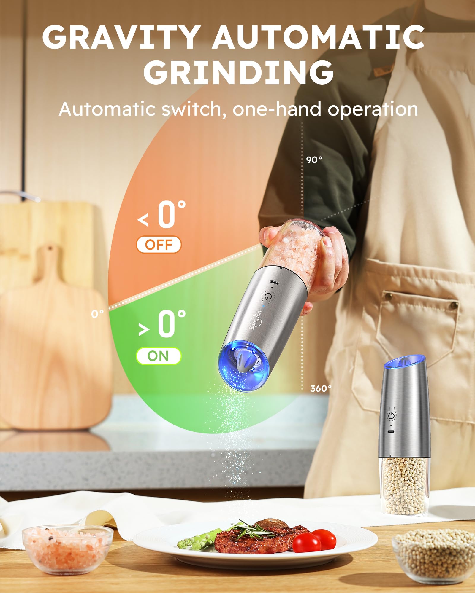 Sangcon gravity grinder refill canister with visible spice levels.