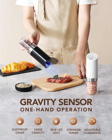 Sangcon grinder with LED light guides precise seasoning on your plate.