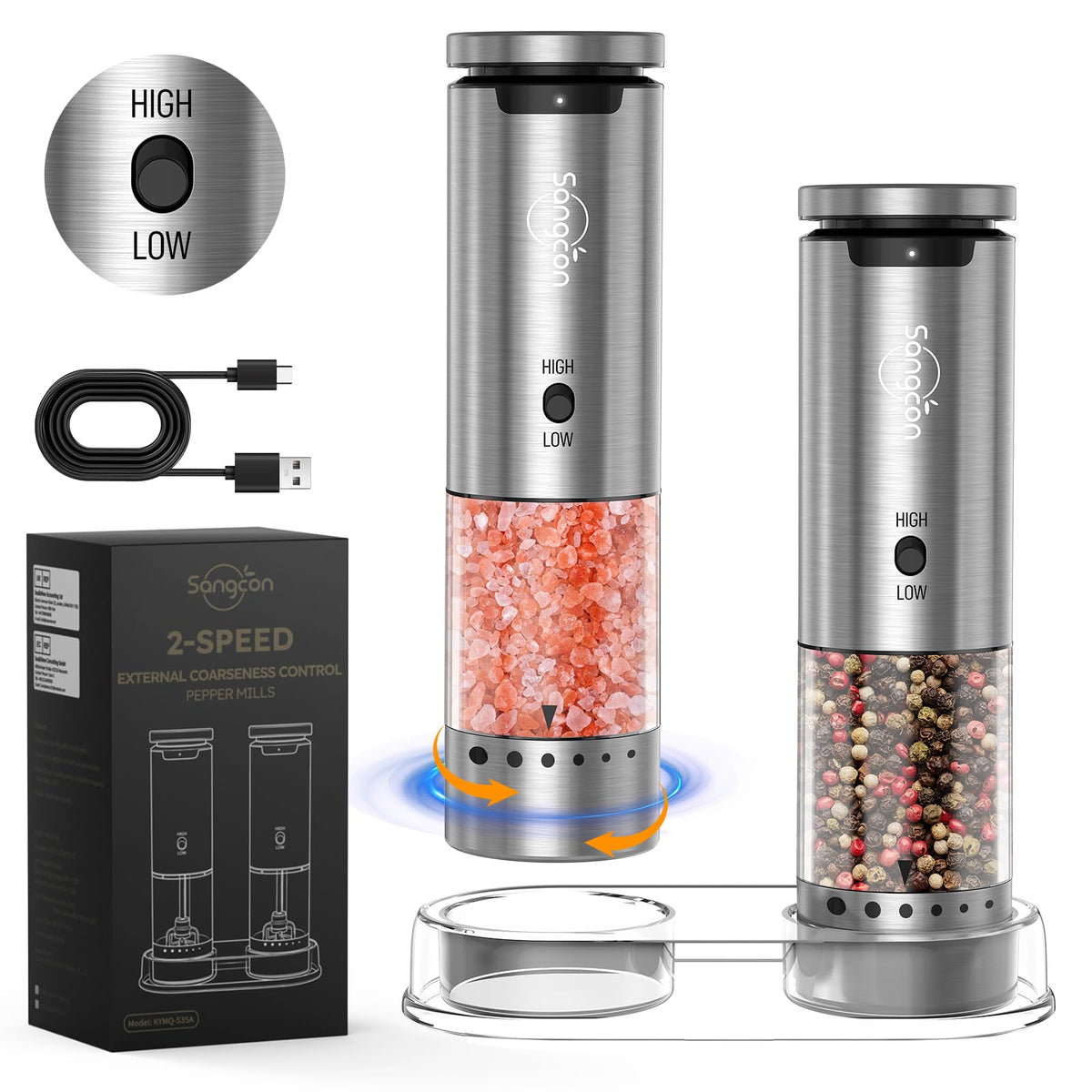 Sangcon salt-and-pepper grinder front view with a sleek silver finish for modern kitchens.