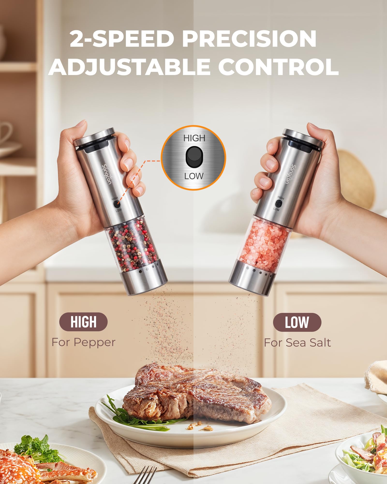 Sangcon salt-and-pepper grinder top button detail highlighting easy one-handed operation.