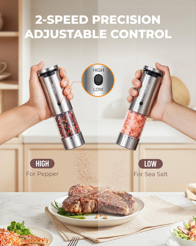 Sangcon salt-and-pepper grinder top button detail highlighting easy one-handed operation.