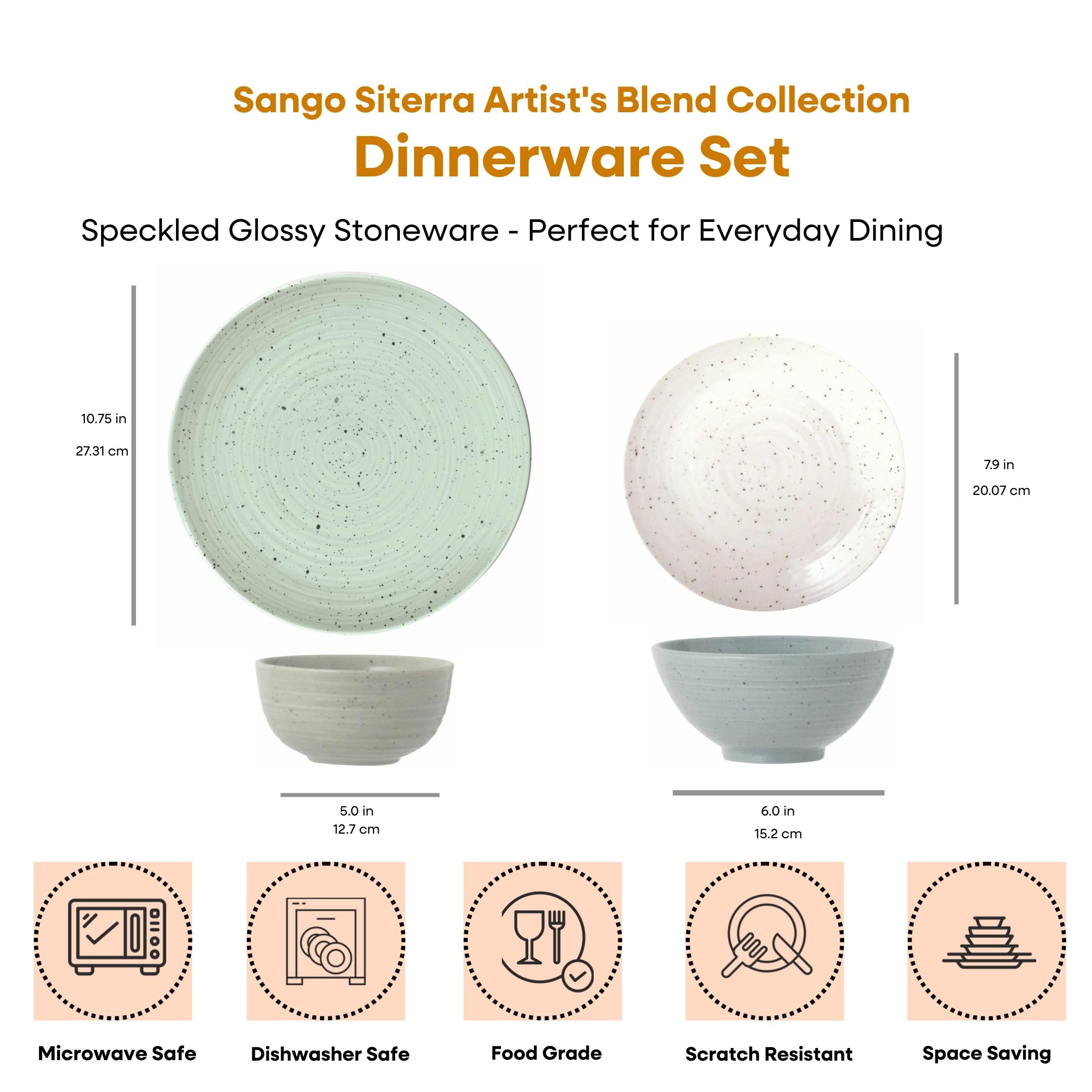 SANGO Siterra 10.75-inch dinner plates in glossy speckled glaze for versatile meals