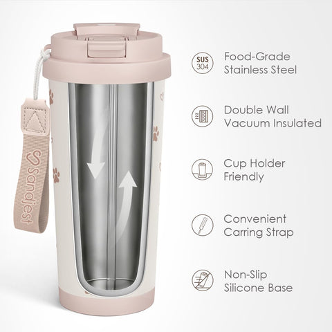 SANDJEST Paw Print Tumbler with 2-in-1 lid for versatile beverage control