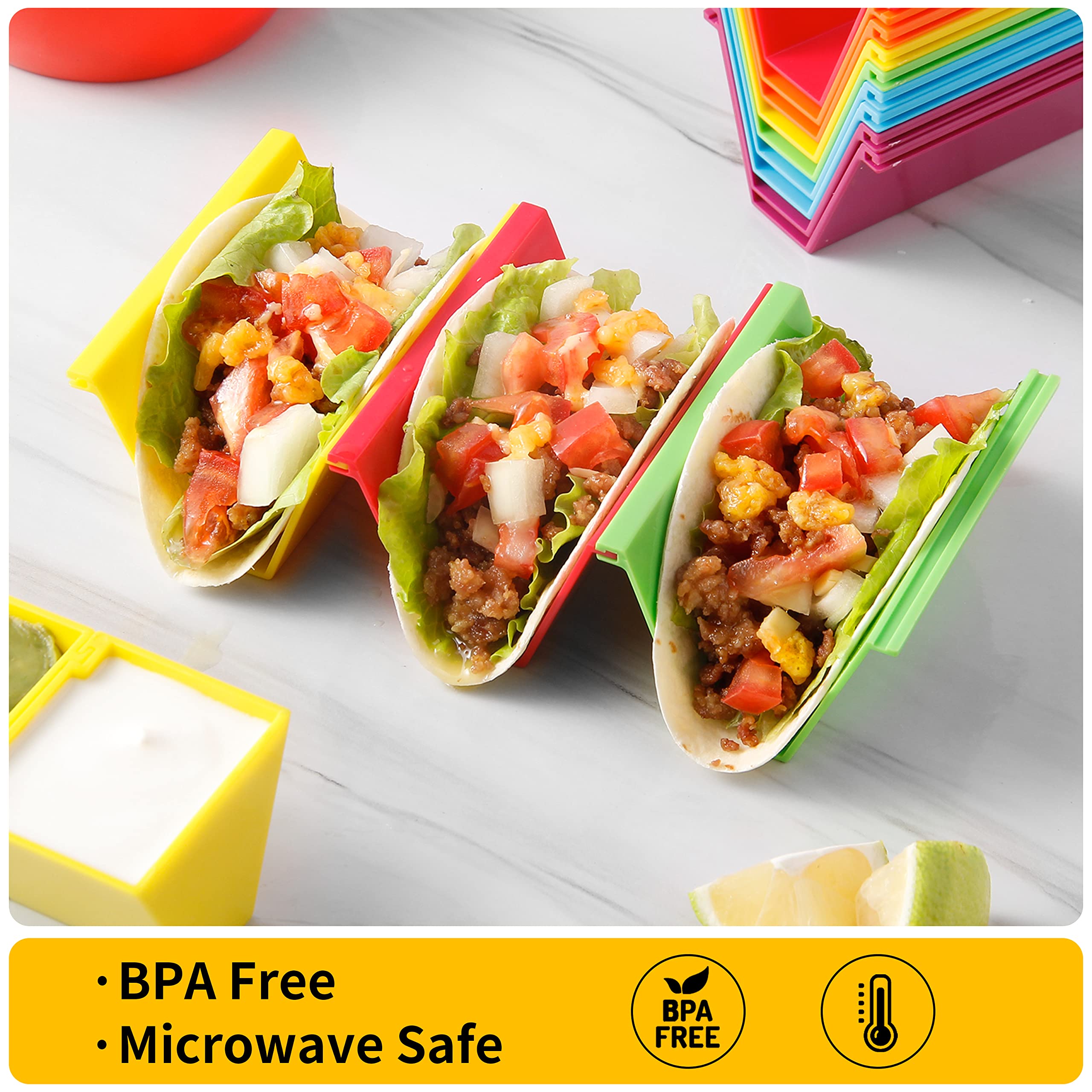 SanmChuf colorful taco holders in multiple hues for a playful table setting.