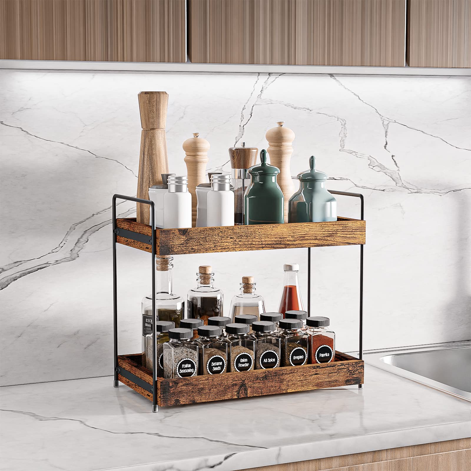SANRETAHO rustic brown spice shelf keeps jars organized in the kitchen.
