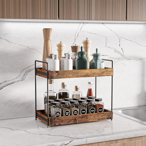 SANRETAHO rustic brown spice shelf keeps jars organized in the kitchen.