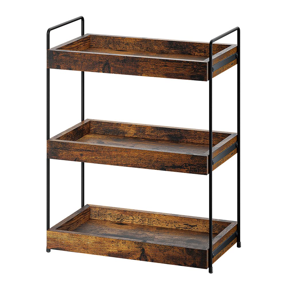 SANRETAHO three-tier bathroom organizer with rustic brown wood and metal for tidy counter space.