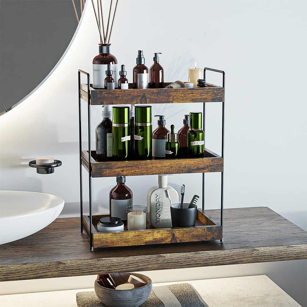 SANRETAHO wooden and metal spice rack fits kitchen, bathroom, or vanity for daily use.