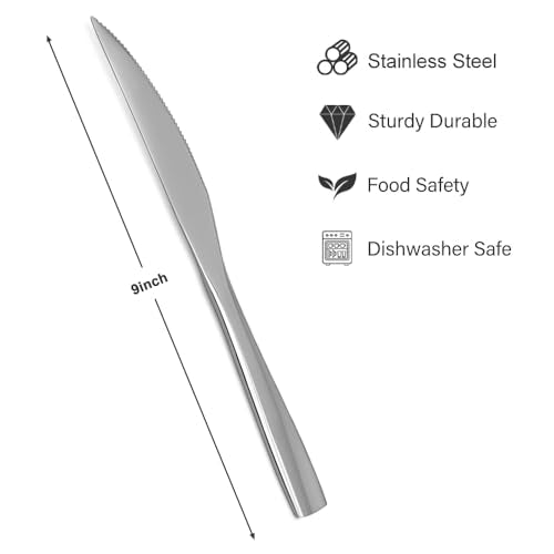 SANTUO steak knife close-up showing sharp teeth and mirror finish.
