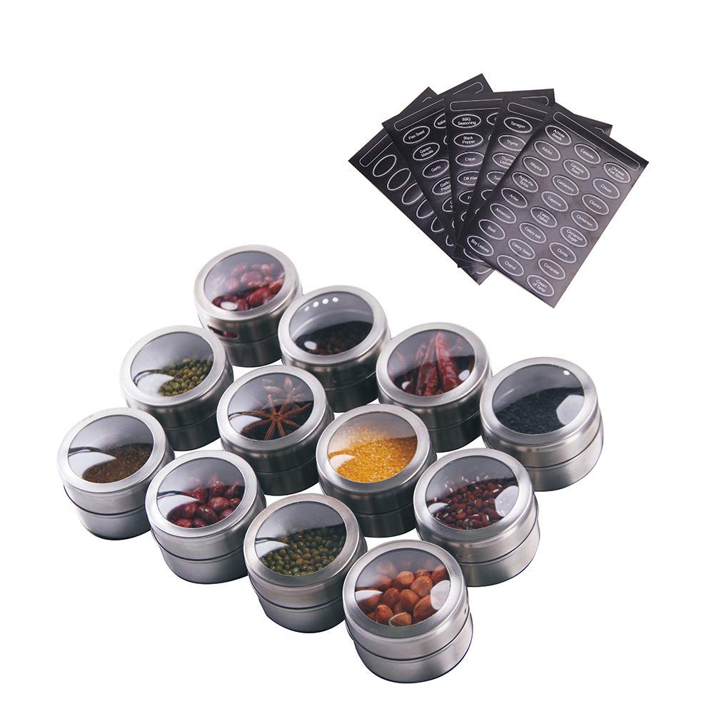 Sanvcomy 12 spice pots set for easy organized seasoning on fridge or counter.