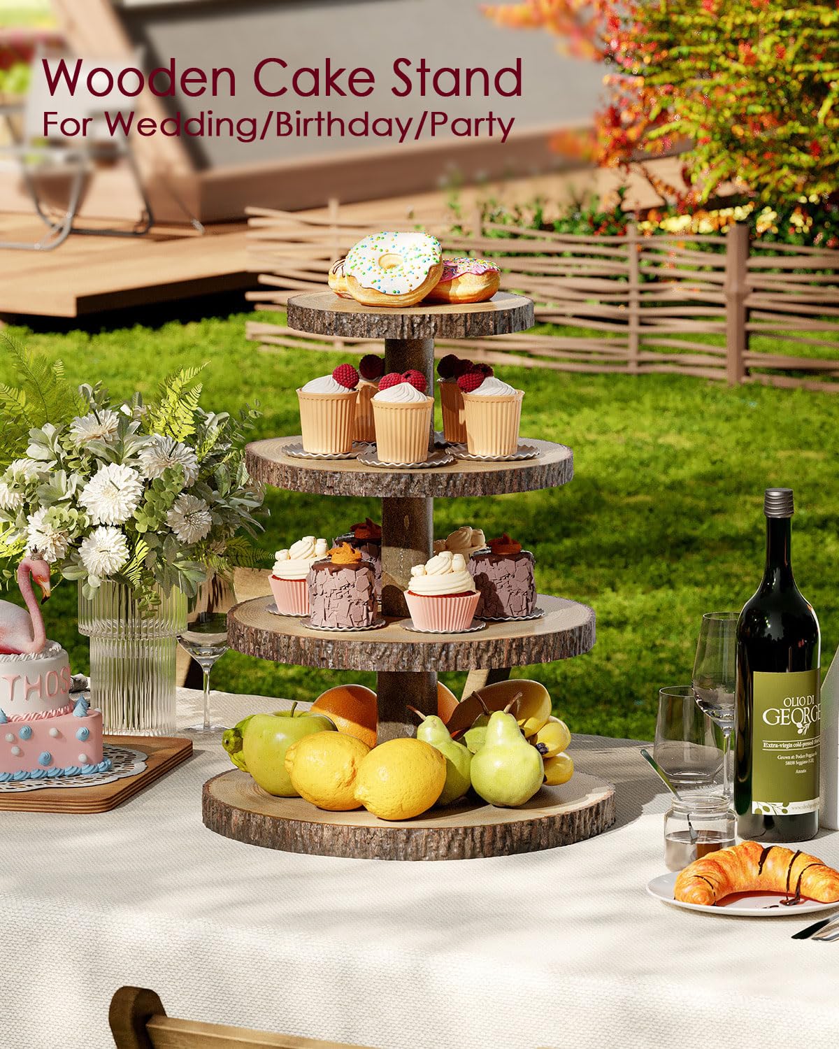 SANYOUNG bark-detail stand emphasizes natural textures ideal for rustic weddings and showers.