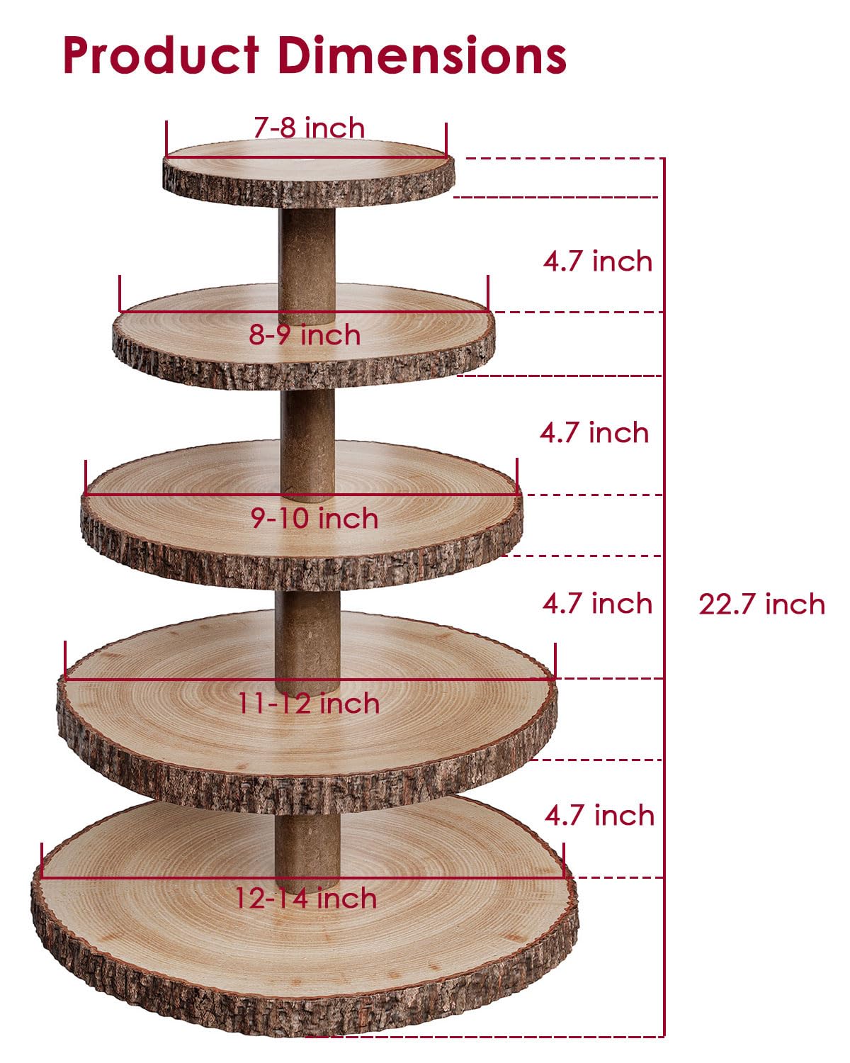 SANYOUNG wood cupcake stand tier diameters displayed bottom to top for balanced presentations.