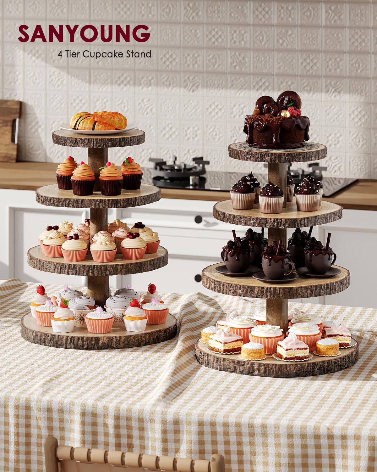 SANYOUNG cupcake tower assembled on a table showcasing 24 cupcakes at events.