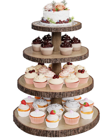SANYOUNG four-tier wooden cupcake stand side view with rustic bark for elegant dessert displays.